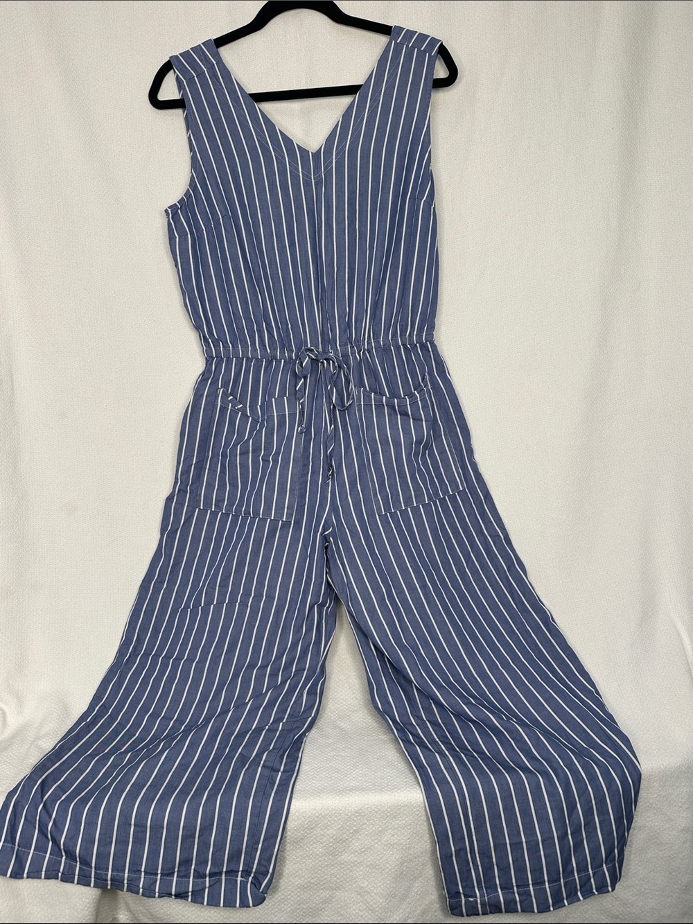 Old Navy Blue and White Vertical-Stripe V-Neck Jumpsuit